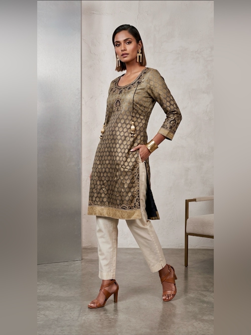 Navy Gold Zardosi Embroidered Kurta Kurti Heavy Work Wedding Festive Tunic S